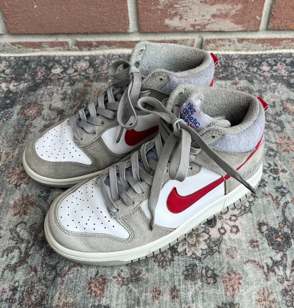 Nike Dunk High Athletic Club Grey Red Shoes / Kids 5.5Y Women 7 / DH9750-001
